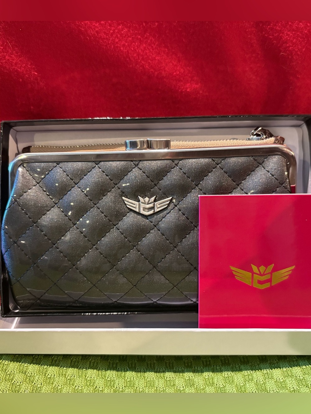 Consuela Quilted Metallic Black Clutch with Silver Trim